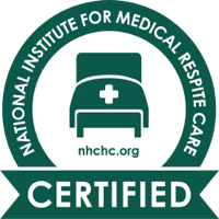 Circular badge with a hospital bed icon and cross, text reads National Institute for Medical Respite Care Certified and nhchc.org at the center.