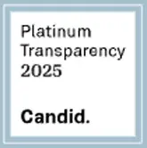 A square badge with a blue border reads Platinum Transparency 2025 and Candid. on a white background.