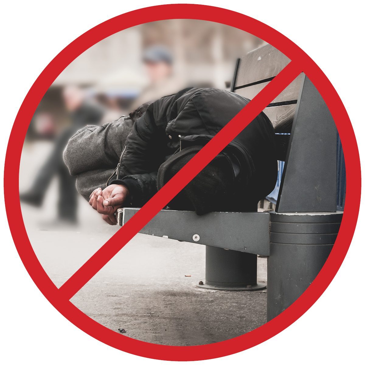 Person lying on a bench, covered by a coat, with a red prohibition symbol over the image, indicating no sleeping on benches is allowed.
